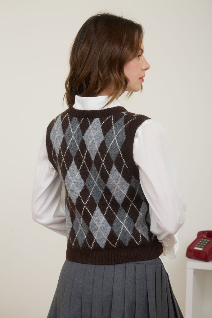 Argyle Knit Cardigan Vest