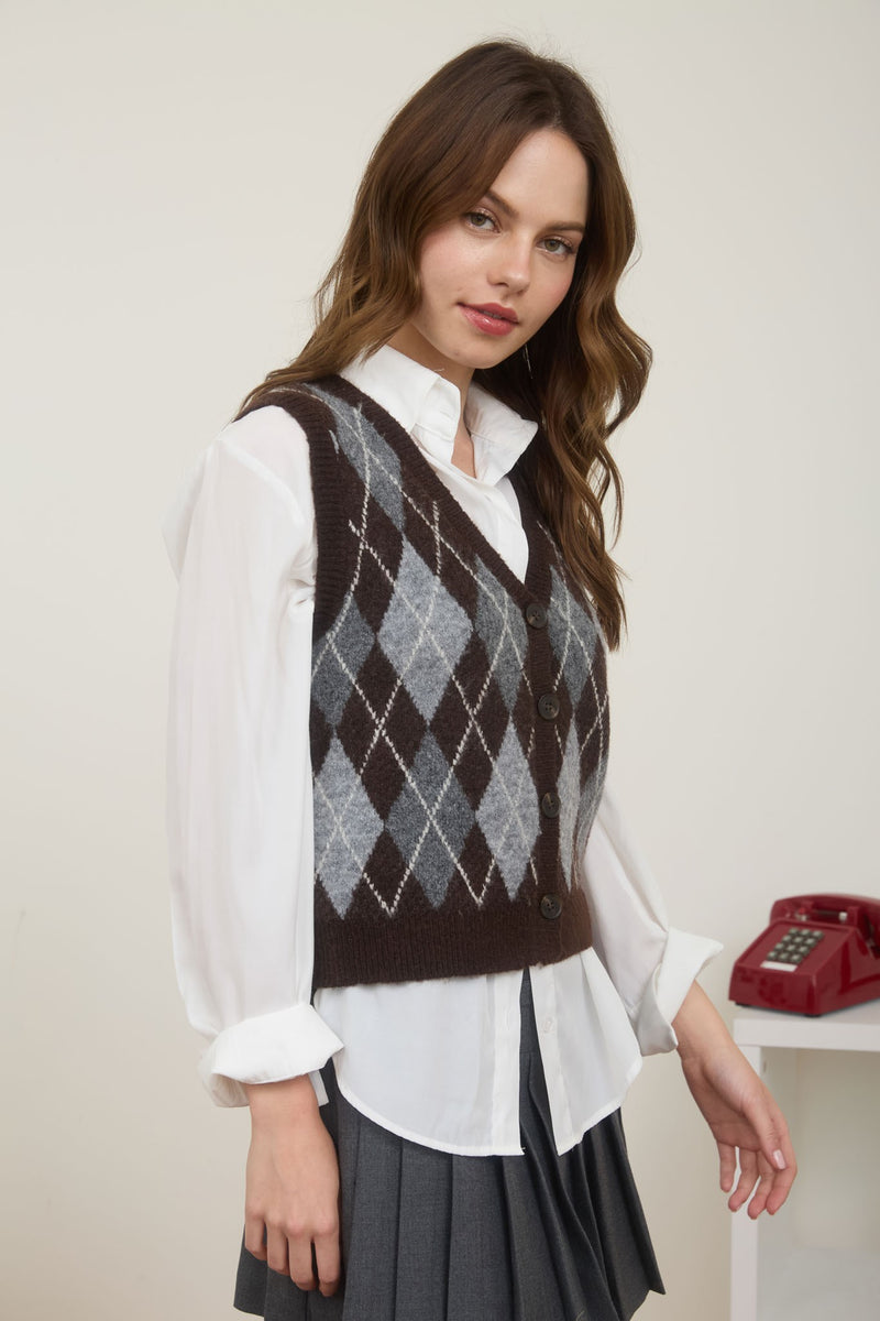 Argyle Knit Cardigan Vest