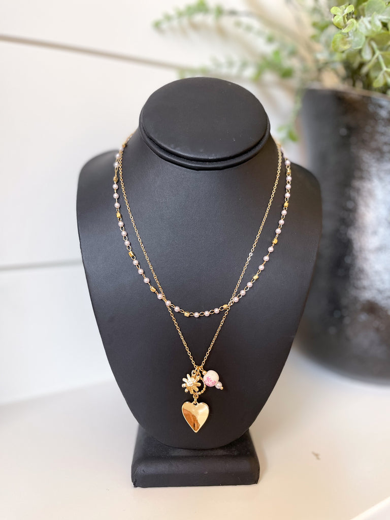 Gold Pink Bead Necklace Set