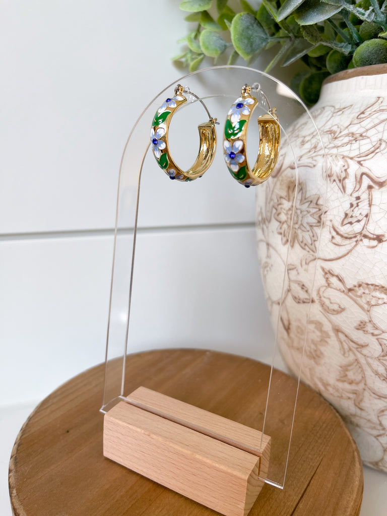 Blue Flower Hoop Earrings