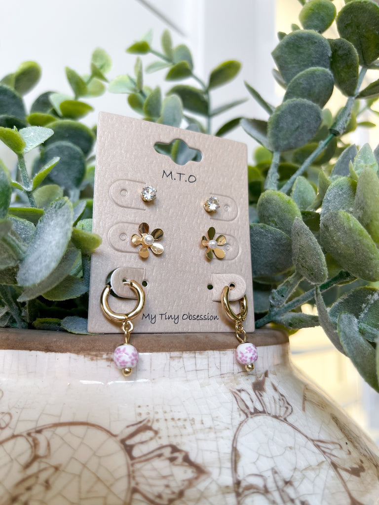 Gold & Pink Flower Earrings Set