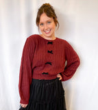 Cable Knit Velvet Bow Sweater