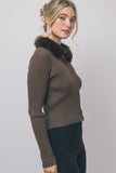 Ribbed Knit Fur Collar Cardigan
