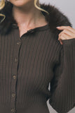 Ribbed Knit Fur Collar Cardigan