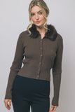 Ribbed Knit Fur Collar Cardigan