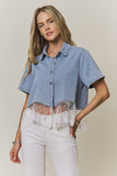 Sheer Lace Hem Denim Top