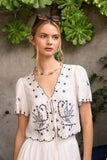 Bird Embroidery Short Sleeve Front Tie Top