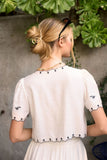 Bird Embroidery Short Sleeve Front Tie Top