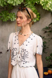 Bird Embroidery Short Sleeve Front Tie Top