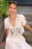 Bird Embroidery Short Sleeve Front Tie Top