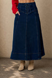 Corset Waist Denim Midi Skirt